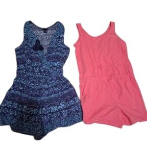 Blue Patterned Romper & Coral Pink Romper Set